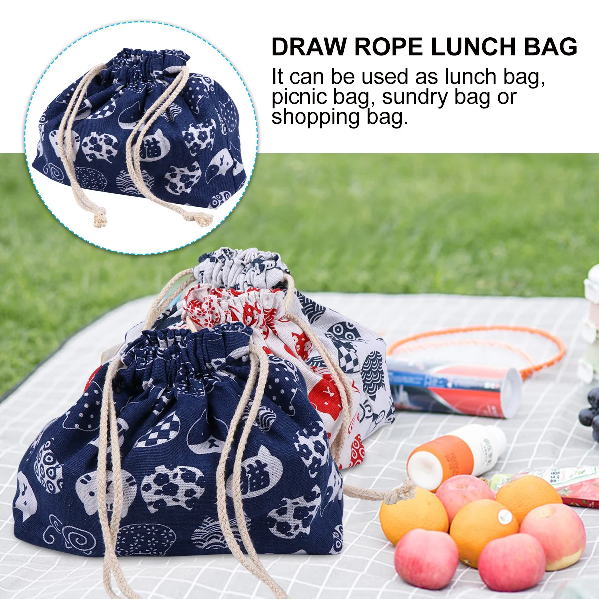 Fiambrera gruesa de estilo japonés, bolsa de algodón y lino con cordón, almacenamiento Bento portátil para niños, suministro de alimentos de viaje