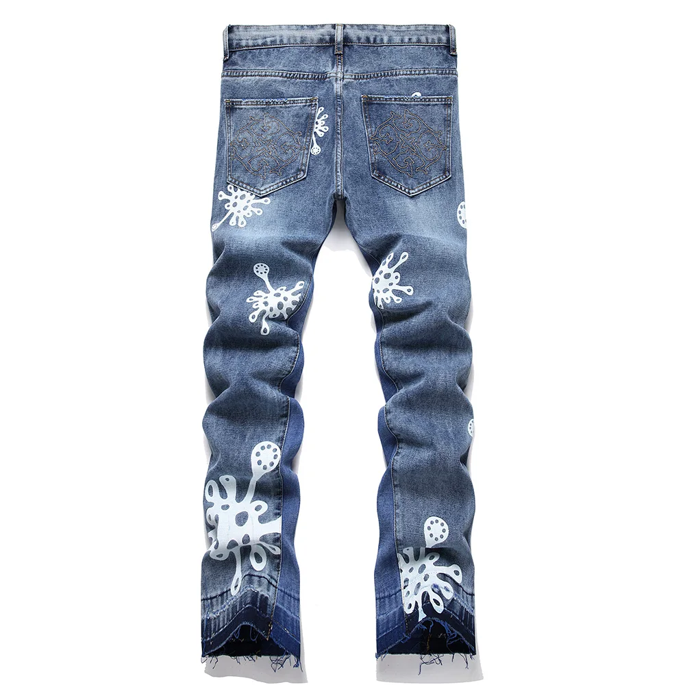 Men Release Hem Boot Cut Denim Jeans Streetwear Pattern Print Pants Blue Non Stretch Straight Trousers