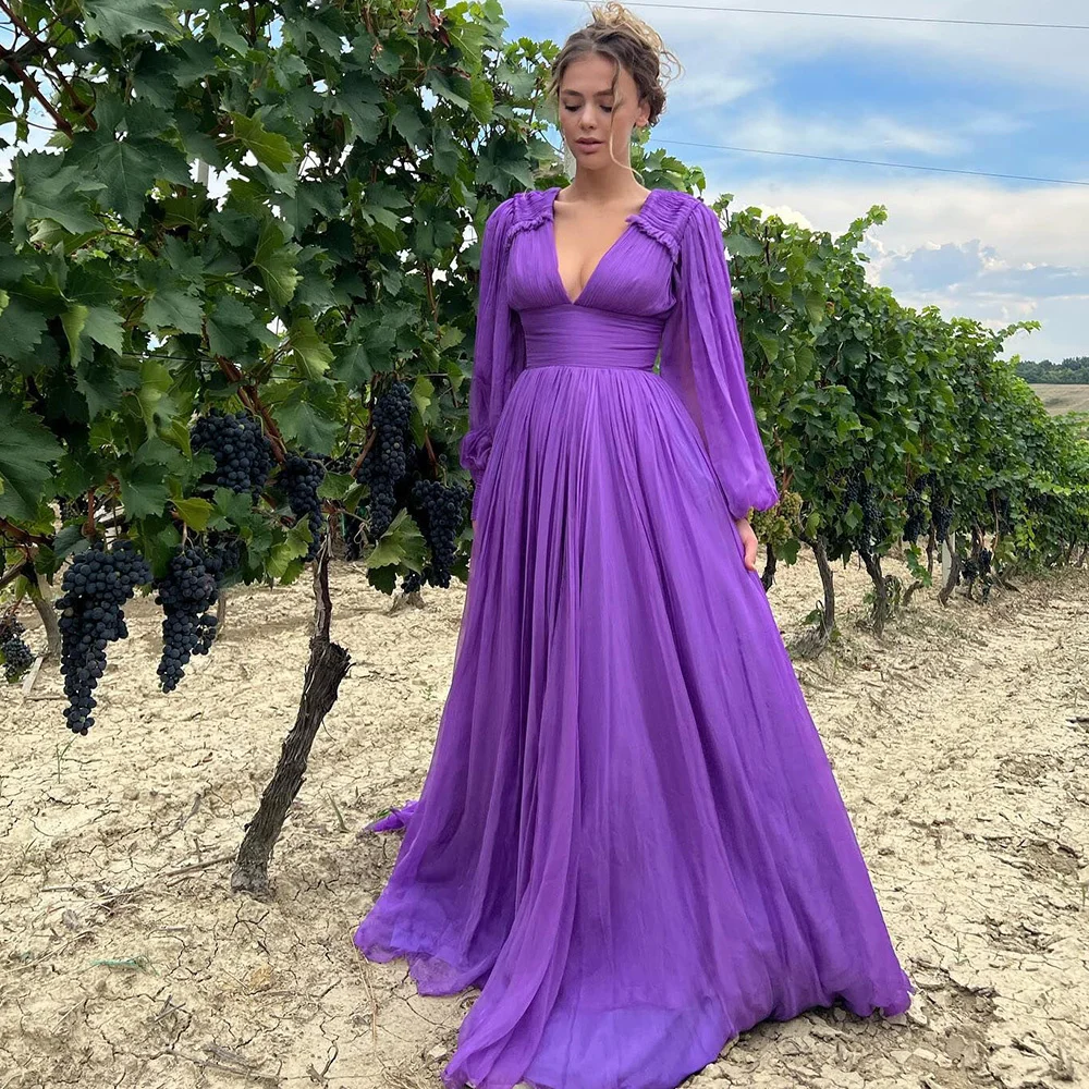 

Purple Cheap Long Puff Sleeves Prom Dresses 2023 V-Neck Pleats Chiffon Formal Evening Gowns Women Pageant Party Dress Plus Size