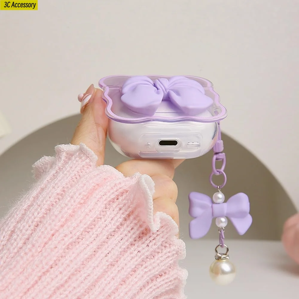 for airpod 4 case Cute 3D Bow Tie Design Shockproof Soft Clear TPU Kawaii Protector Cover for Women Airpods 4 Case with Keychain