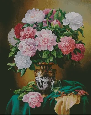 Peonies in Vase Fower 18CT 14CT Canvas Unprinted Top Quality Cross Stitch Kits Embroidery DIY Handmade Needlework Home Decor