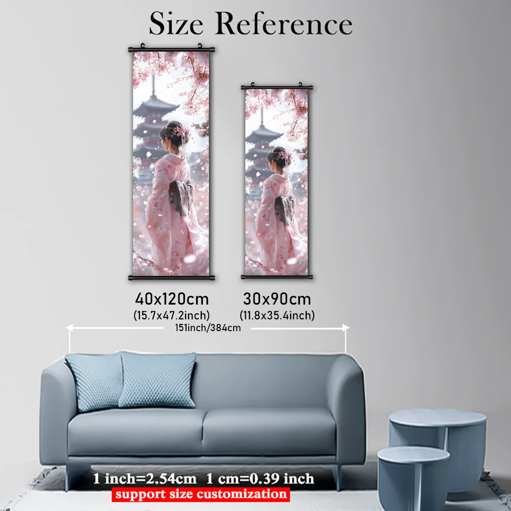 VIKAMA Cherry Blossom Wall Art Canvas Painting Pagoda Kimono Silhouette Framed Poster Home Living Room Bedroom Decor Gift