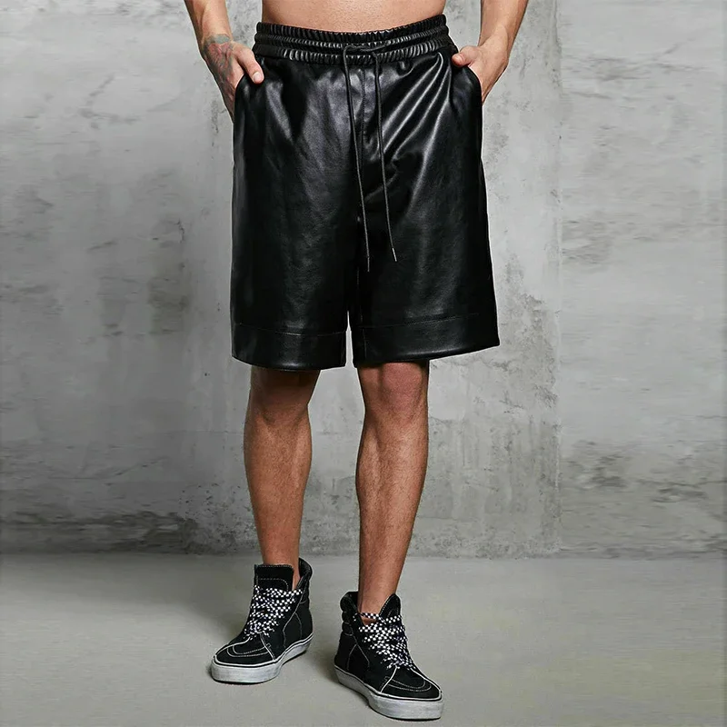 

Black Matte Leather Shorts Men Casual Loose Drawstring Waistband PU Quarter Pants with Pocket Beach Shorts Custom Clubwear New