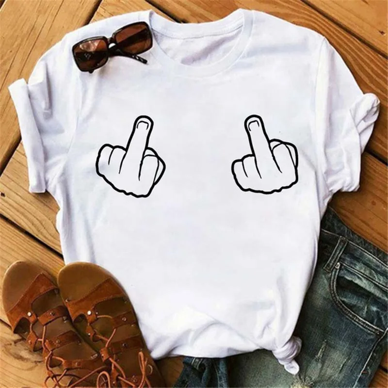 Middle Finger Print T Shirt Women Short Sleeve O Neck Loose Tshirt Summer Women Causal Tee Shirt Tops Camisetas Mujer