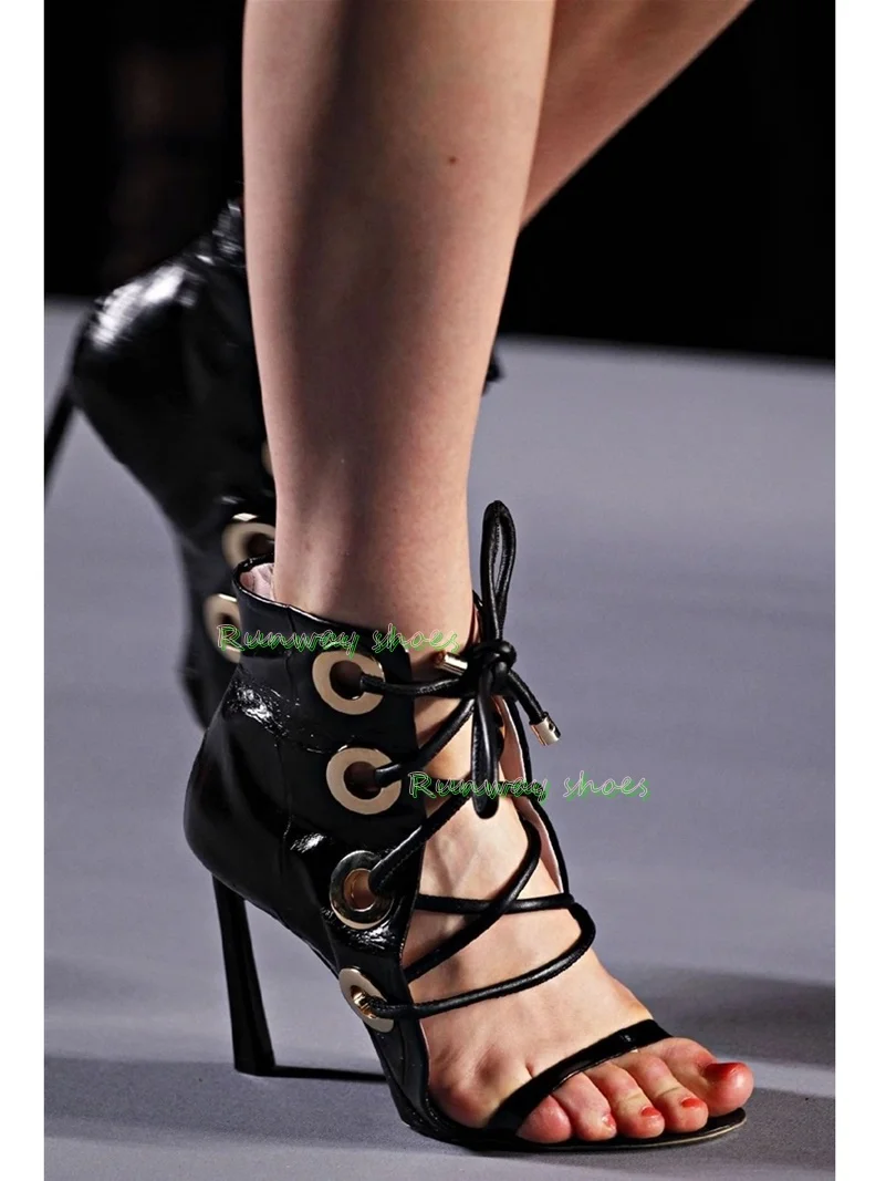 Red Patent Leather Instep Hollow Out Lace  Heels Sandals Open Toes Ankle Girdle Rome Sandals Dinner Women's Shoes Fashion Shoes