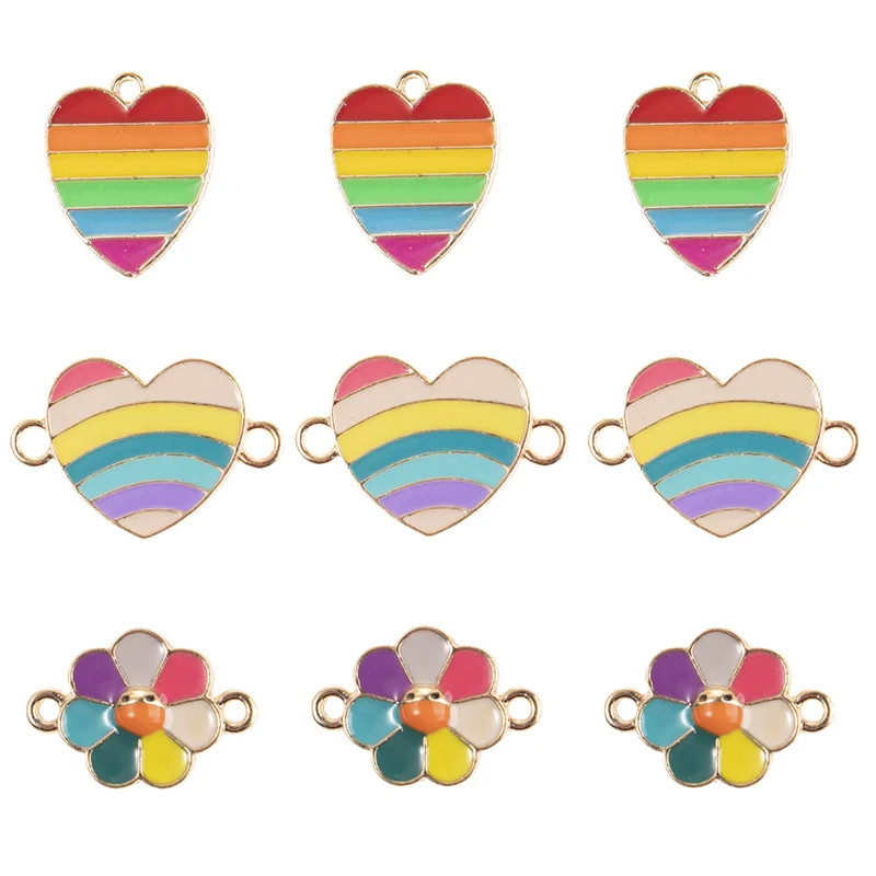 HEYUYAO 10pcs/lot Rainbow Heart Flower Charms Pendant Connector DIY Bracelets Necklace for Jewelry Making Accessories