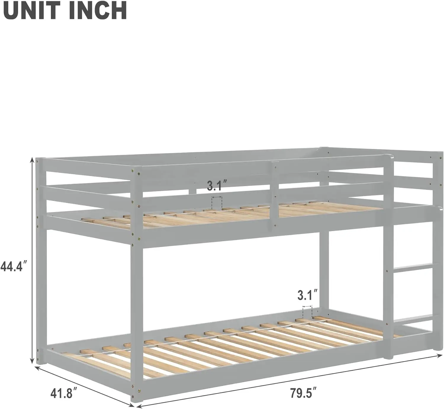 Twin Over Twin Floor Bunk Bed with Ladder,Solid Pinewood Low Bunkbeds w/Safety Guardrails,No Box Spring Needed, Noise Free