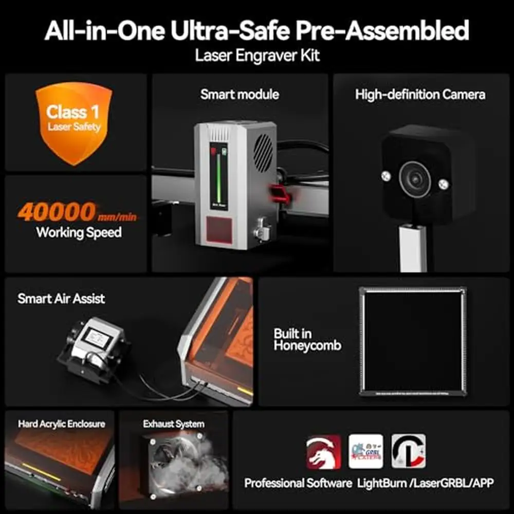 20W Laser Engraving Cutter Machine L8 MAX Pre-Assembled All-in-One Enclosure Air Assist Camera Honeycomb Kit 40000mm/min Speed