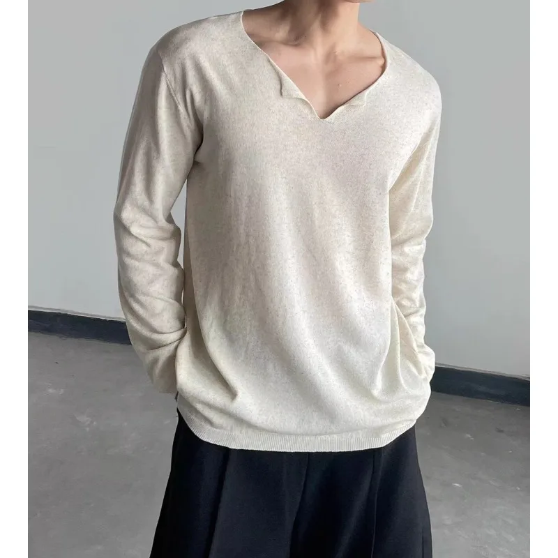 

V-neck Long-sleeved T-shirt Men's Spring and Autumn New Light and Mature Solid Color Breathable Knitted T-shirt Casual Top