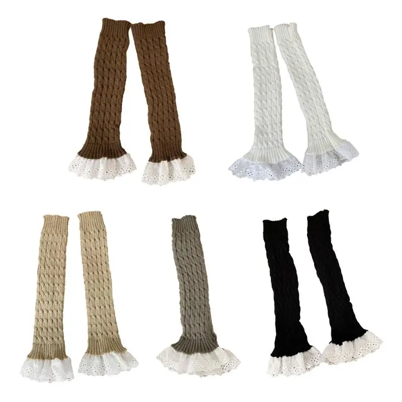 

Women JK Girls Harajuku Twist Cable Knitted Leg Warmer Socks Japanese Ruffled Lace Hem Slouch Leg Cover Boot Cuffs