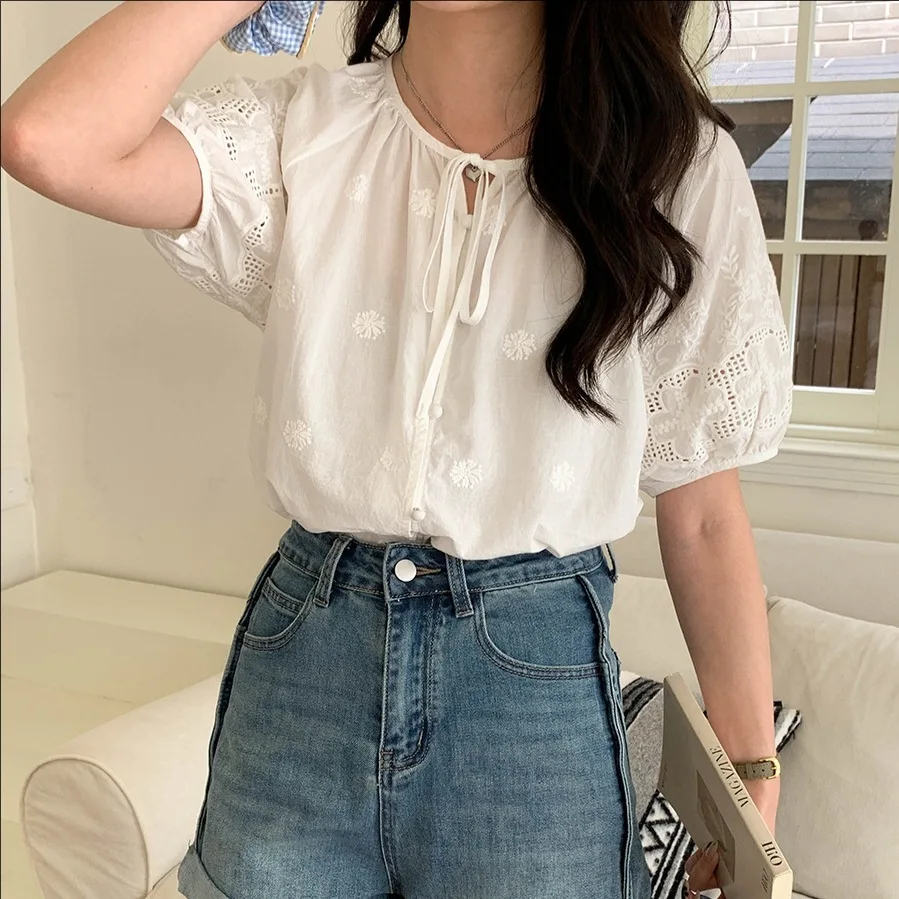 

Summer casual embroidered hollow short sleeve shirt women