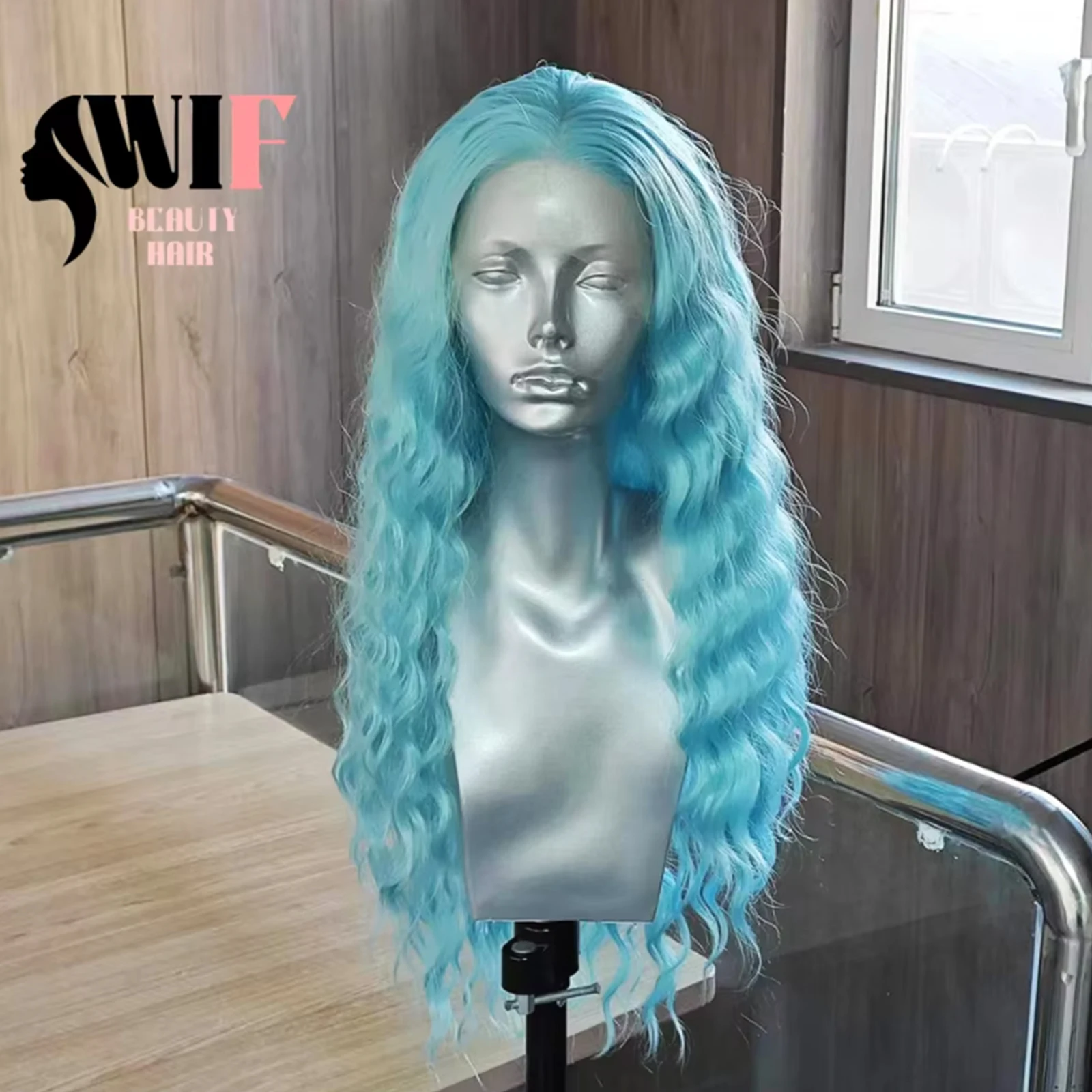 WIF Loose Wave Light Blue Colored Synthetic Lace Front Wig Long Wavy Cosplay Use Heat Fiber Lace Front Wigs Women Makeup Wear