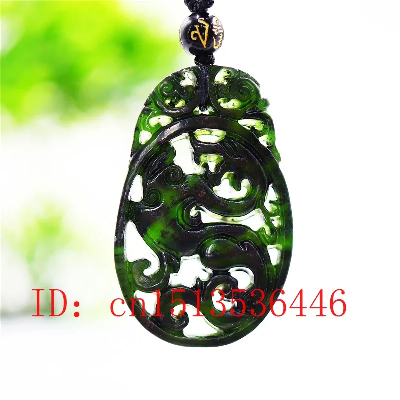 

Chinese Natural Black Green Jade Phoenix Hollow Double-sided Carved Pendant Necklace Jewellery Man Amulet Gifts Sweater Chain