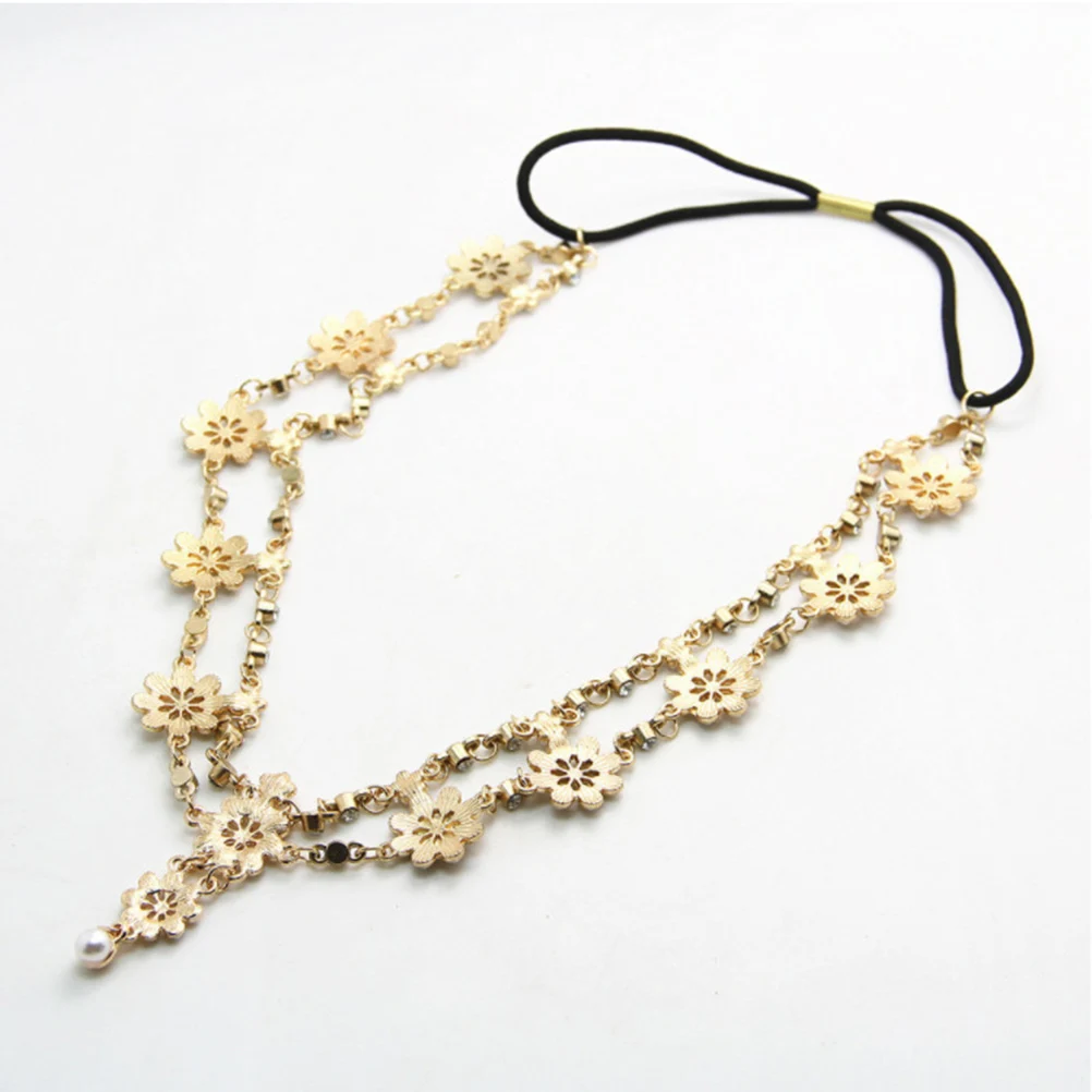 

1pc Bohemia Style Pearl Flower Headband Elastic Alloy Tassel Stretch Hair Accessory For Dress Size