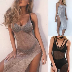 Women's Summer Dresses 2024 Sexy Mesh Knitted Glitter Bikini Beach Cover Ups Spaghetti Strap Casual Sundresses For Women