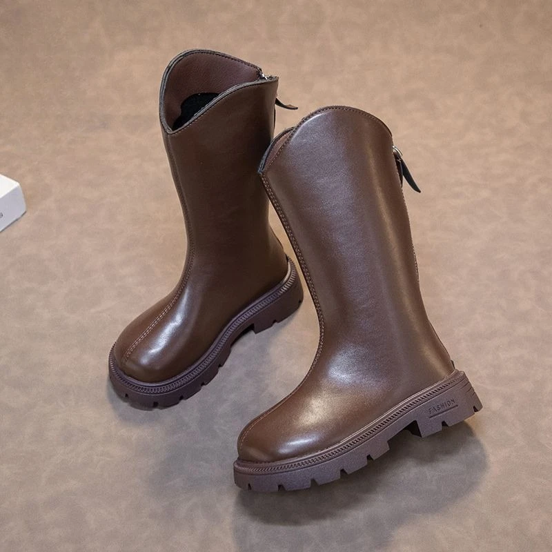 Girls Knee High Furry Leather Boots 2026 Autumn Winter New Kids Long Warmth Waterproof Fashion Mid Calf Boots
