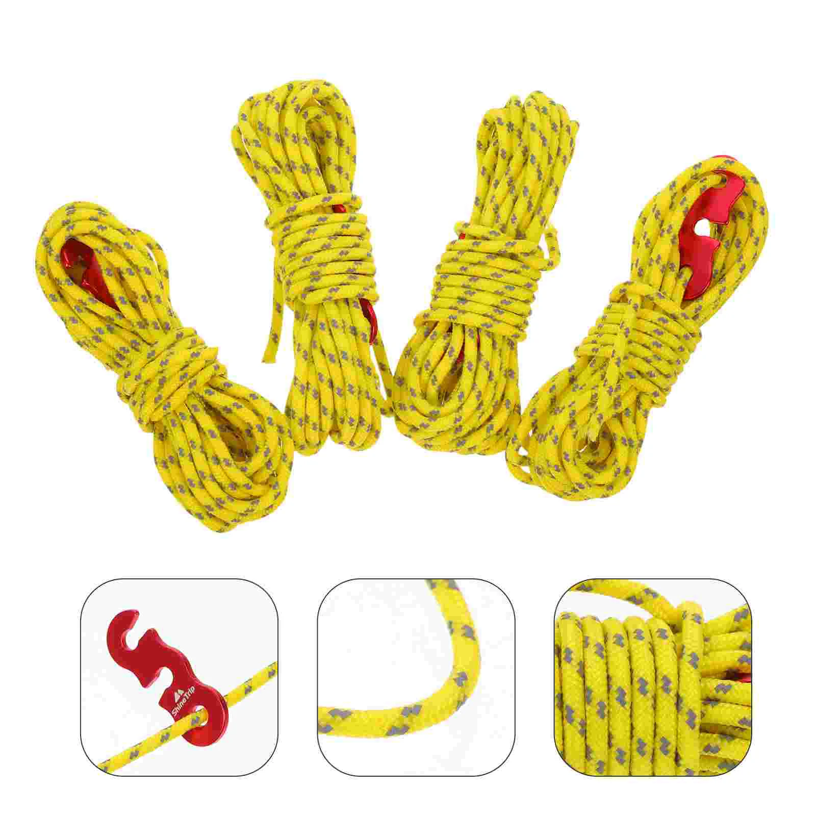 Multifuncional Reflexivo Tarp Rope, Camping Cord, Tenda Toldo, Amarelo, 4 Pcs