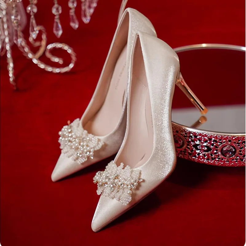 Shoes For Women 2024 Spring New French-Style Bride Bridesmaid Shoes White Pearl Stiletto Heel High Heels Wedding Shoes for Women