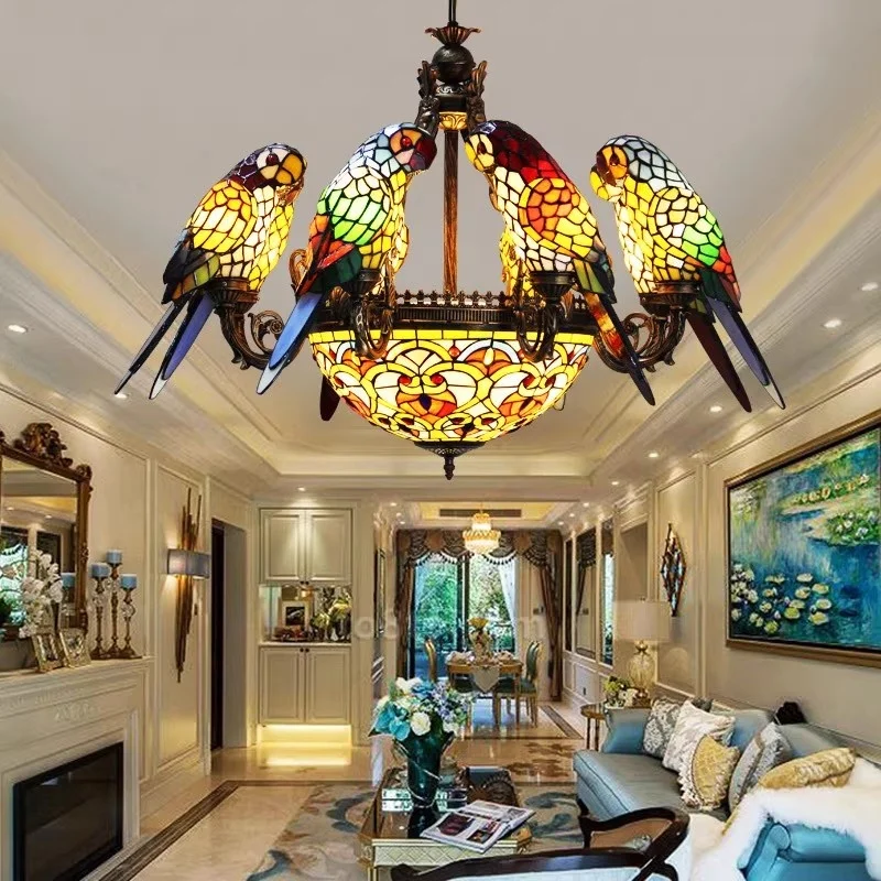 الزجاج الملون الرجعية الببغاء قلادة الريف الأمريكي غرفة المعيشة بار فيلا مصباح زجاجي متعدد الرأس