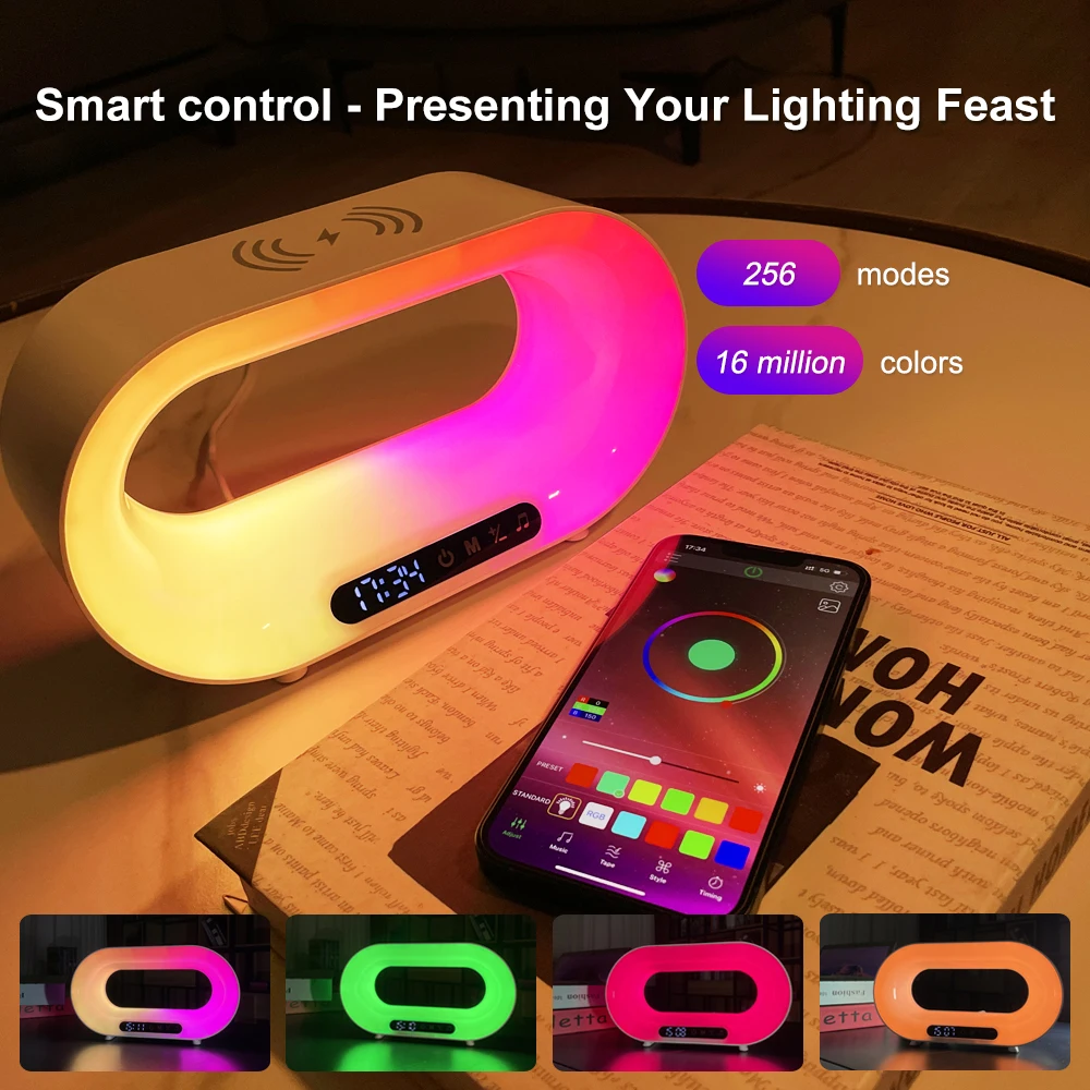 Cargador inalámbrico multifunción 3 en 1, reloj despertador, luz nocturna LED, Control por aplicación, lámpara de atmósfera RGB, lámpara de mesa