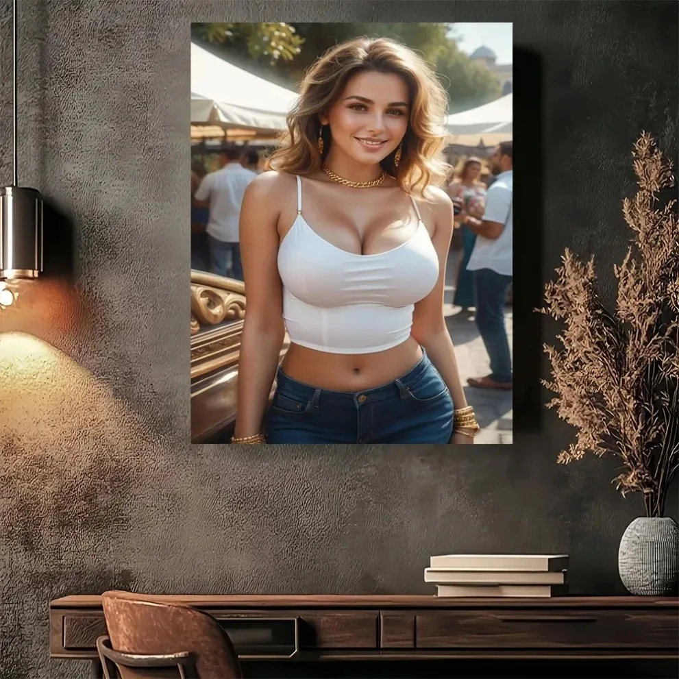 HD Metal Tin Sign, Festival Girl In White Crop Top And Jeans Portrait Metal Wall Art, Vintage 2D Flat Metal Poster, Casual Stree