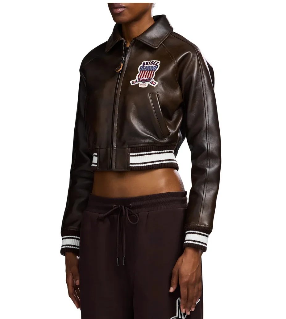 AVIREX 2025 خريف جديد وصول المرأة الأوروبية سترة جلد الخراف سترة رحلة عادية قصيرة طول خمر براون جلد طبيعي