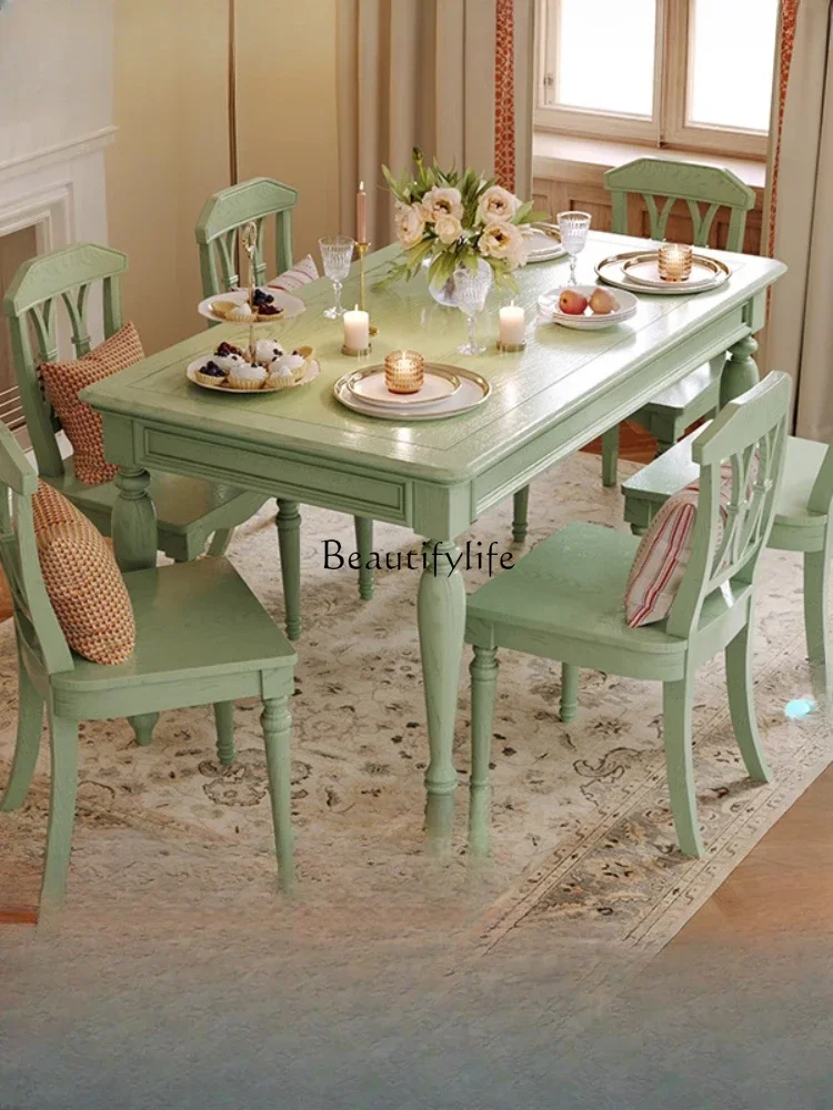 American-Style Solid Wood Retro Green Dining Table and Chair Rectangular French Retro Ash Dining Table