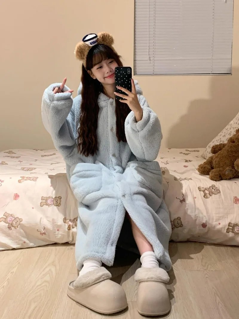 رداء جيب للنساء ملابس نوم فستان نوم شتوي ملابس ليلية بيجامة من الصوف الدافئ قطعة واحدة ثوب نوم بقلنسوة ملابس منزلية للنوم