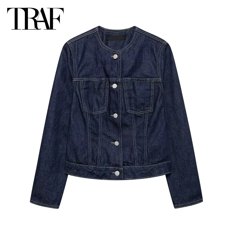 

TRAF Women Denim Coats 2024 Women Varsity Jackets Coats Long Sleeve Spring Autumn Elegant Outerwears Ladies Fashion Casual Coat