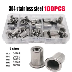 100PCS Stainless Steel Rivet Nuts Set Threaded Insert Nutsert Cap Flat Head Rivet Nuts Remachables Rivnut Tool Kit M3/4/5/6/8