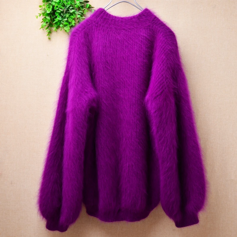 Feminino primavera inverno grosso quente roxo peludo vison cashmere malha longa lanterna mangas o pescoço solto pulôver camisola puxar