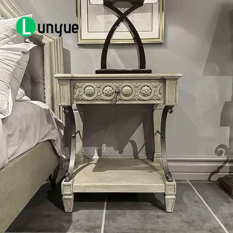 Luxury Solid Wood Bedside Table French Country American Farmhouse Style Modern Home Bedroom Furniture Nightstand Storage