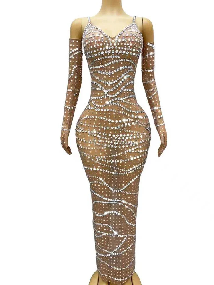 

Sexy Perspective Elastic Mesh Evening Dresses Women Celebrate Costume Festival Show Outfit Sparkly Rhinestones Long Dress