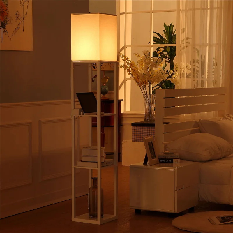 

New Chinese Floor Lamp Living Room Room Tea Room USB Charging Socket LED Simple Bedroom Decorative Storage Light Wooden Frame