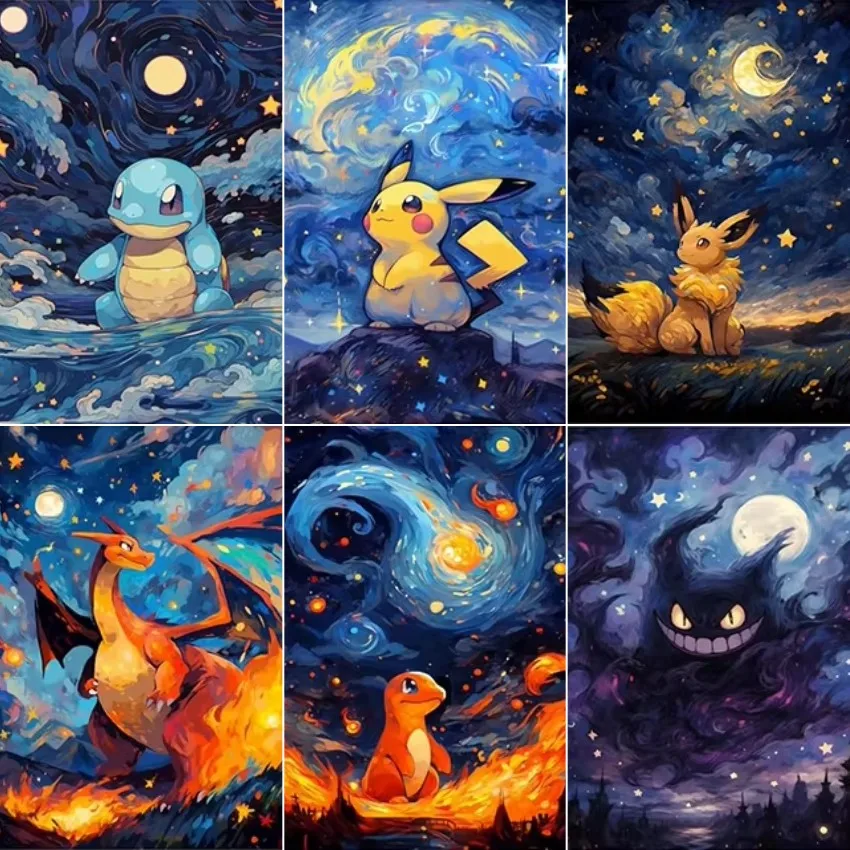 pintura-a-oleo-por-numeros-pokemon-anime-charizard-pikachu-gengar-eevee-squirtle-sala-de-estar-quarto-bar-decoracao-estetica