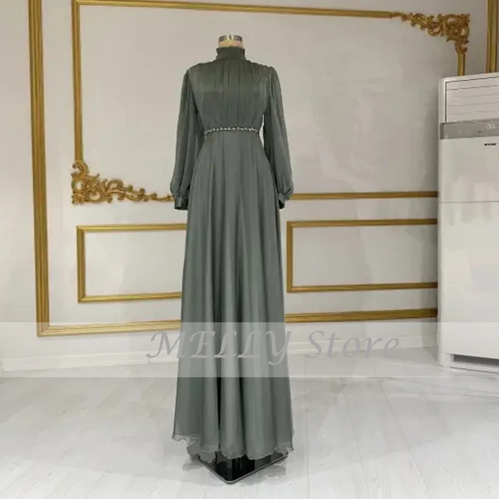 Klassische Abendkleider Für Frauen Hohe Kragen Voll Sleeves Zipper Prom Kleider Chiffin A-Line Bodenlangen فساتين سهره فاخرة طويلة