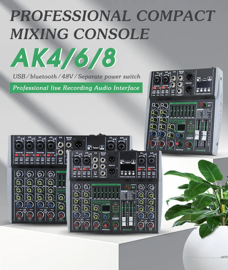 AK8 خلاط احترافي مع مدمج 99DSP 7-Band Equalizer ، BT ، كمبيوتر ، MP3 ، تسجيل داخلي ، خلاط ، 4 ، 6 ، 8 قنوات