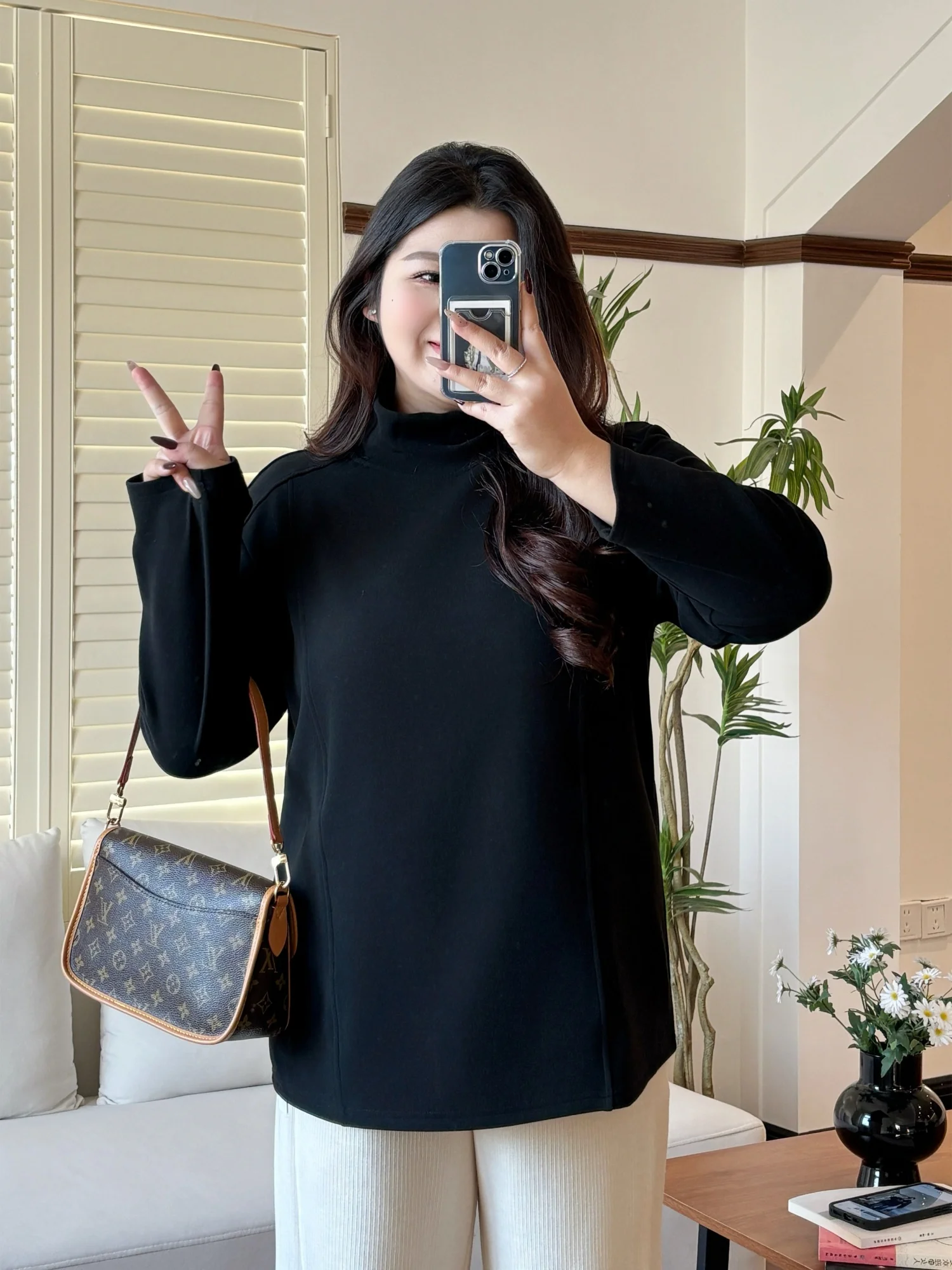 

Женская зимняя базовая кофта больших размеров с воротником-стойкой, скрывающая недостатки фигуры, стройнящий топ, модный повседневный стиль, длинный рукав