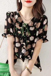 Spot printed design with ruffle edge chiffon shirt for women's summer loose casual slimming short sleeved shirt small shirt