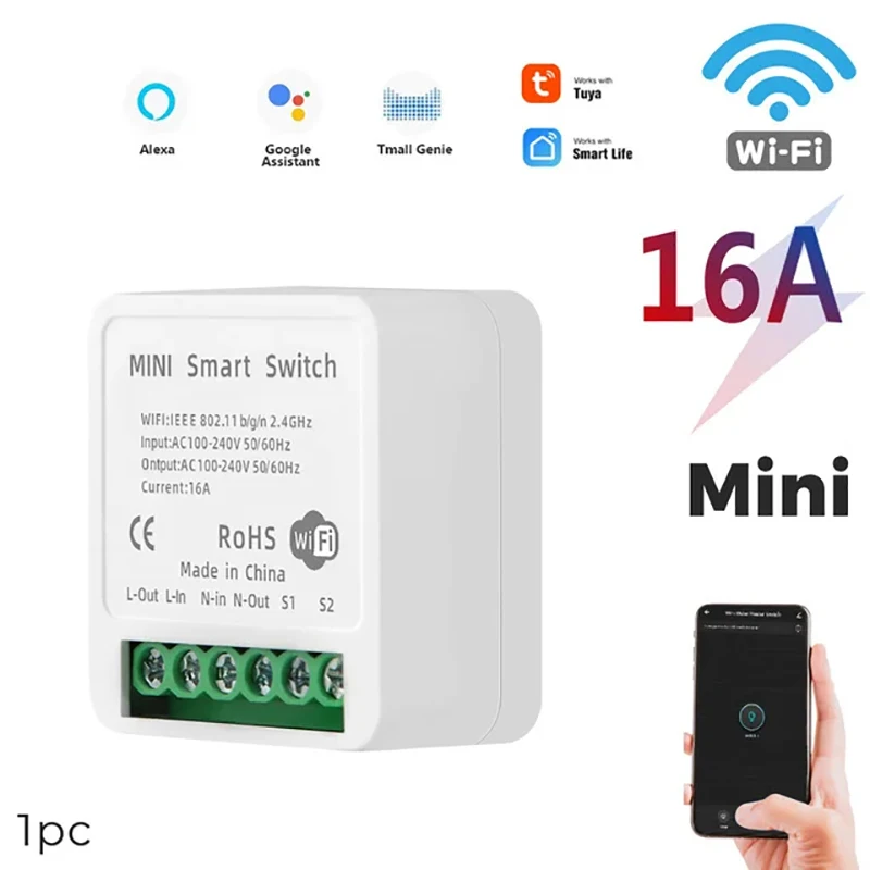 16A MINI Wifi Switch DIY Smart Home 2-way Control Relay Smart LIfe APP Control Remotely Timer Works With Alexa Google Home Alice