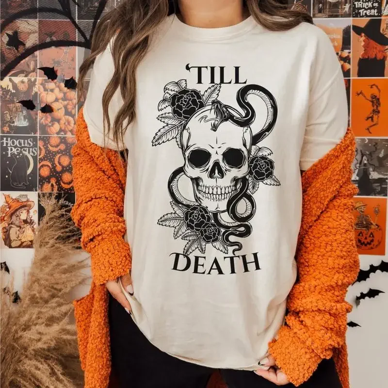 

Till death Matching Couple Halloween T Shirt Crewneck Skull and Snake Dark Romance Bride Groom