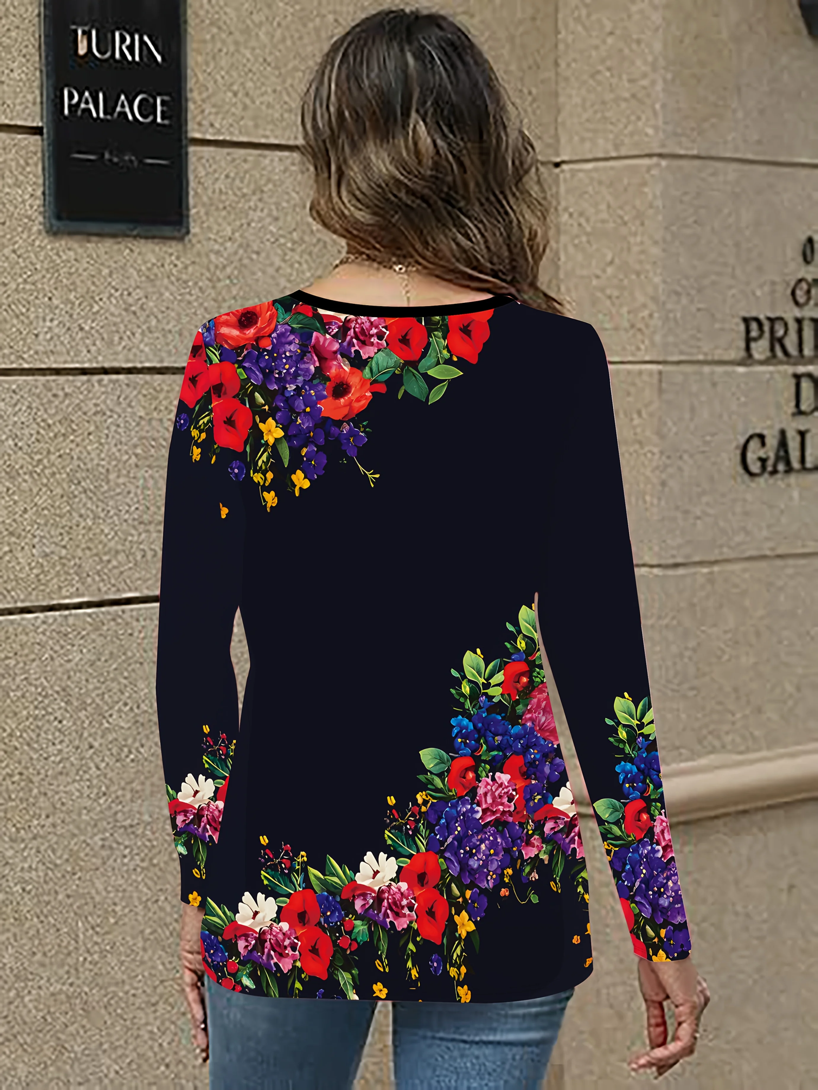 Women's 2025 Basic V-Neck Long Sleeve,Elegant Flower Printed Polyester Relaxed Fit Tee Shirt,Spring Autumn Casual Comfort Tops