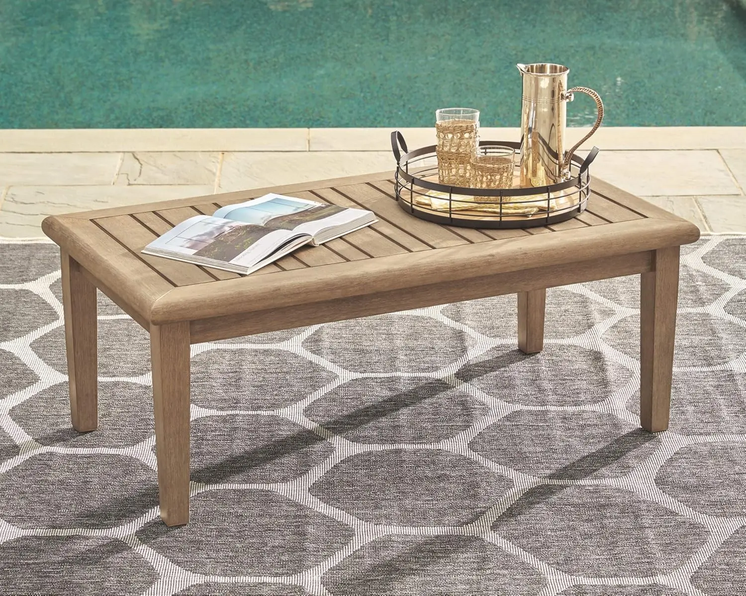 Outdoor Rectangular Eucalyptus Wood Slat Top Coffee Table, Beige