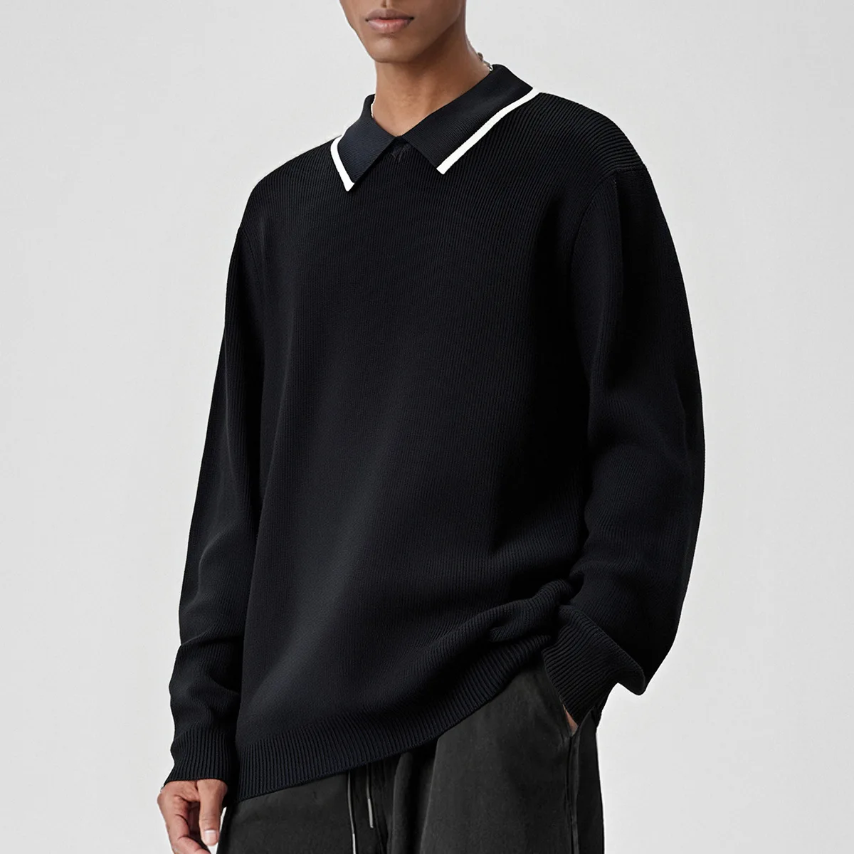 Sweter Rajut Kerah Lipat Musim Gugur Pria Longgar Kasual Gaya Jalanan Korea Fashion Vintage Pullover Sweater Jumper Rajutan Atasan