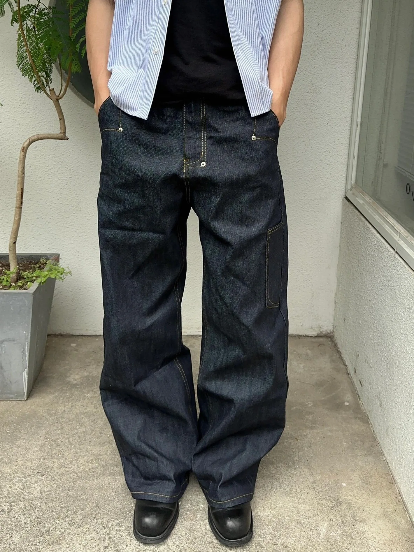 بنطلون جينز رجالي من CGG بتصميم كلاسيكي أمريكي مطرز بسكين غير رسمي فضفاض وواسع الساق مستقيم طويل بخصر عالٍ من قماش الدنيم