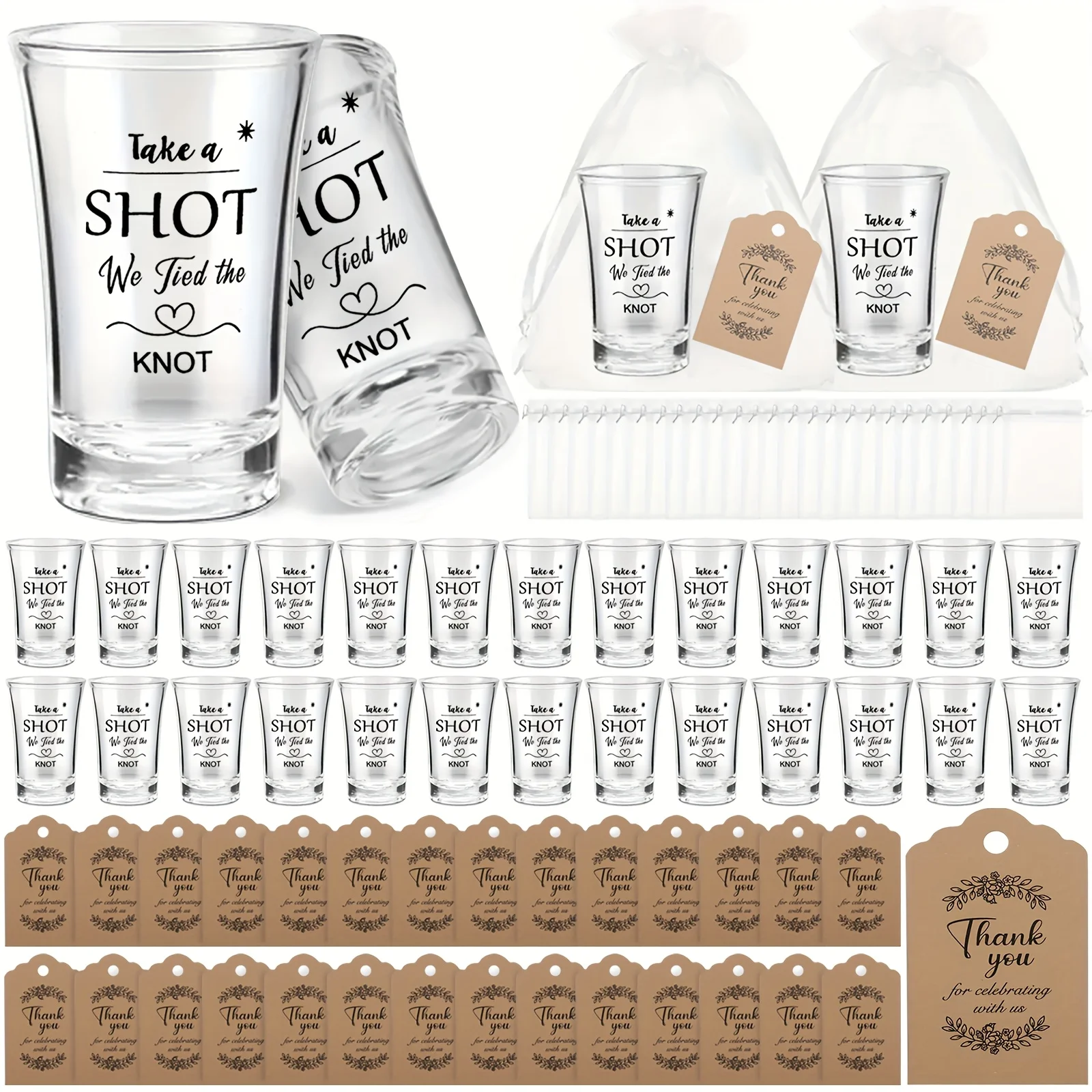 

90 pieces / 30 sets of wedding guest supplies, acrylic transparent small wine glasses, with thank you cards, organza bags, and '
