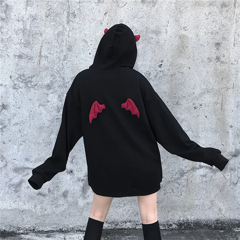 Harajuku NEW Hoodies Little Devil Horns Gothic Hooded Sweatshirts Women Demon Fly Wings Loose Pullovers Pocket Tops Streetwear