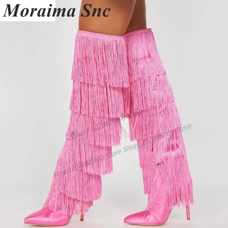 Sexy Pink Satin Knee High Fringe Decor Boots Stilettos High Heel Shoes For Women Slip-On Pointed Toe 2023 Zapatos Para Mujere