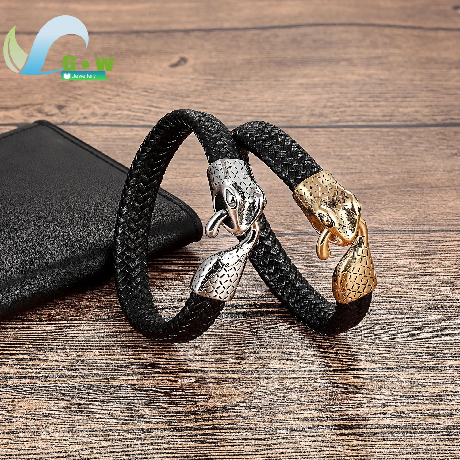 

Trendy Casual Jewelry Stainless Steel Serpent Head Leather Rope Bracelet for Men Hip Hop Gothic Boho Adjustable Wristband Gift