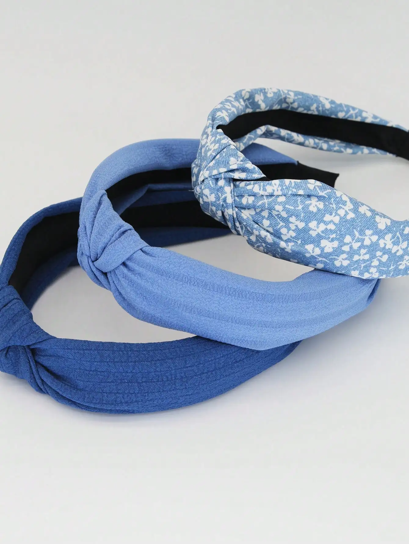 

3pcs Blue Floral Solid Color Knotted Headbands For Women Daily Wear
